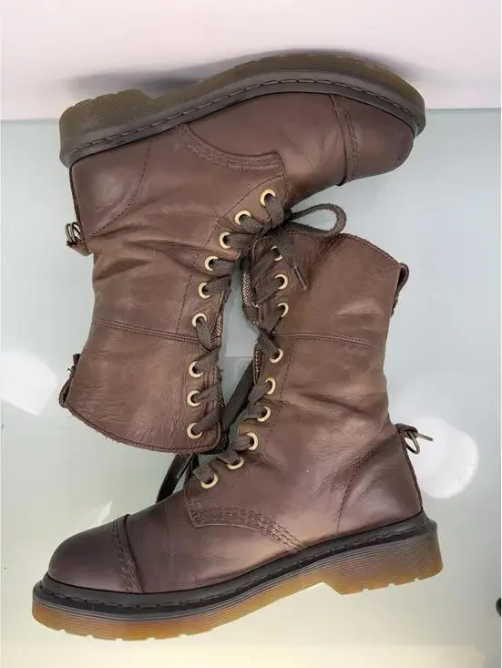 Dr Martens Aimilita W Sz 9 Brown Leather Fold Down Herringbone Tweed Lined Boots - Picture 6 of 9